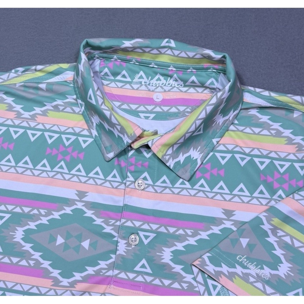 Chubbies Polo Shirt Mens L Aztec Abstract Loud Geometric Performance Stretch